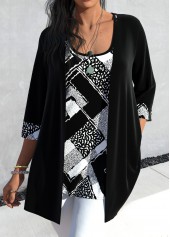 Geometric Print Two Piece Black Cardigan  and Tank Top