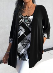 Geometric Print Two Piece Black Cardigan  and Tank Top