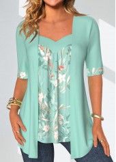 Floral Print Patchwork Mint Green Fake Two Piece Twinset