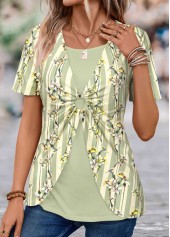Floral Print Patchwork Light Green T Shirt