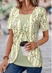 Floral Print Patchwork Light Green T Shirt