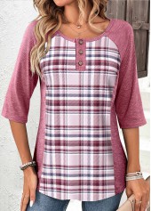 Plaid Patchwork Pink Scoop Neck T Shirt