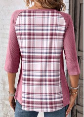 Plaid Patchwork Pink Scoop Neck T Shirt