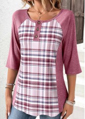 Plaid Patchwork Pink Scoop Neck T Shirt