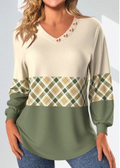 Plaid Patchwork Light Yellow Long Sleeve V Neck Sweatshirt