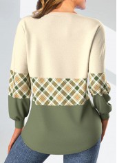 Plaid Patchwork Light Yellow Long Sleeve V Neck Sweatshirt