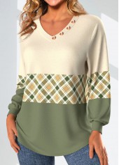 Plaid Patchwork Light Yellow Long Sleeve V Neck Sweatshirt