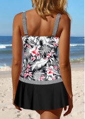 Black Tropical Plants Print Patchwork Tankini Set