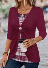 Plaid Circular Ring Wine Red T Shirt