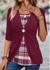 Plaid Circular Ring Wine Red T Shirt