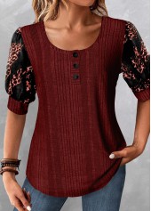 Leopard Patchwork Wine Red Scoop Neck Blouse