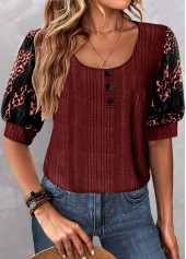 Leopard Patchwork Wine Red Scoop Neck Blouse