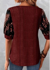 Leopard Patchwork Wine Red Scoop Neck Blouse
