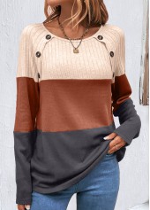 Round Neck Button Dark Coffee T Shirt