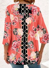 Floral Print Fake 2in1 Peach Red Blouse
