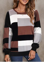 Geometric Print Patchwork Dark Coffee Round Neck Sweatshirt