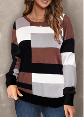 Geometric Print Patchwork Dark Coffee Round Neck Sweatshirt