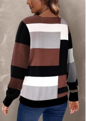 Geometric Print Patchwork Dark Coffee Round Neck Sweatshirt