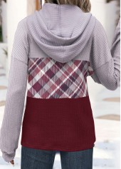 Plaid Button Wine Red Long Sleeve Hoodie