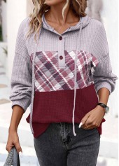 Plaid Button Wine Red Long Sleeve Hoodie