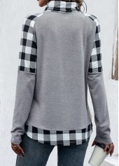 Plaid Patchwork Light Grey Cowl Neck Sweatshirt