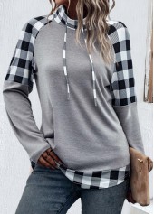 Plaid Patchwork Light Grey Cowl Neck Sweatshirt