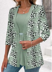 Leopard Sage Green 3/4 Sleeve Fake Two Piece Twinset