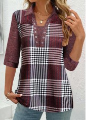 Plaid Eyelet Deep Red Shirt Collar Blouse