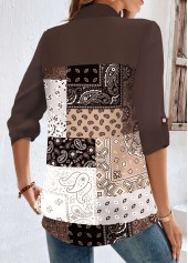 Tribal Print Button Dark Coffee Long Sleeve Blouse