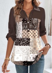 Tribal Print Button Dark Coffee Long Sleeve Blouse