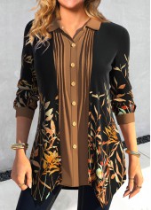 Leaf Print Fake 2in1 Black Shirt Collar Blouse