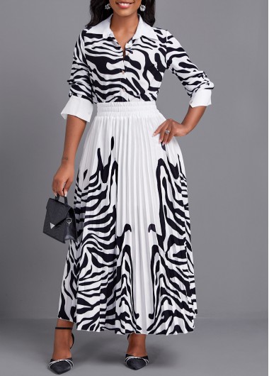 Zebra Stripe Print Pleated White Maxi Top and Skirt 42$