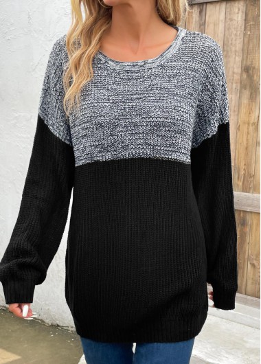 Rosewe Trendy Long Sleeve Patchwork Dark Grey Round Neck Sweater - L