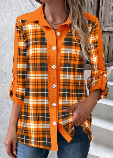 Plaid Patchwork Orange Shirt Collar Long Sleeve Blouse