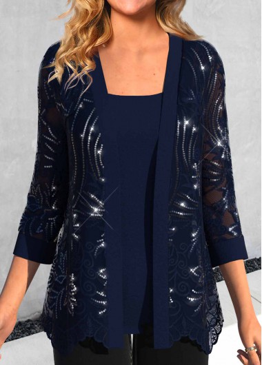 Navy Round Neck Lace Tank Top and Cardigan 39$