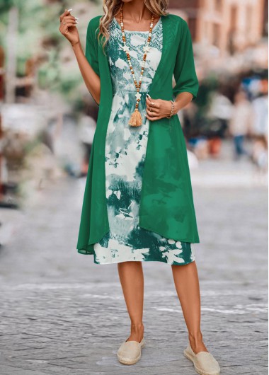Ink Painting Print Two Piece Green Dress and Cardigan