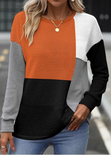 Long Sleeve Patchwork Multi Color Round Neck Sweatshirt