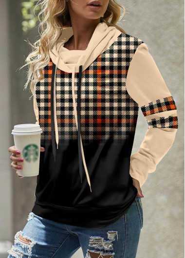 Plaid Patchwork Light Coffee Cowl Neck Sweatshirt