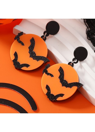 Halloween Print Round Orange Bat Earrings