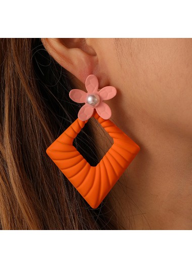 Orange Square Flower Detail Metal Earrings
