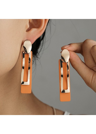 Geometric Detail Orange Rectangle Metal Earrings
