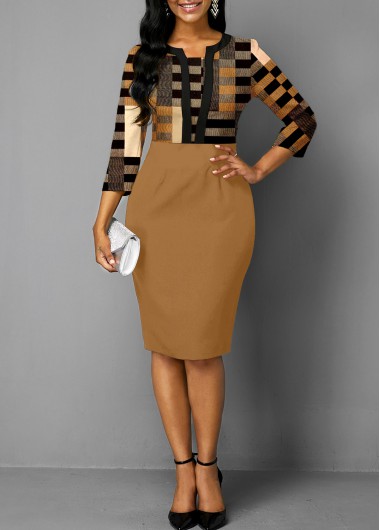 Geometric Print Patchwork Light Coffee Bodycon Dress 36$