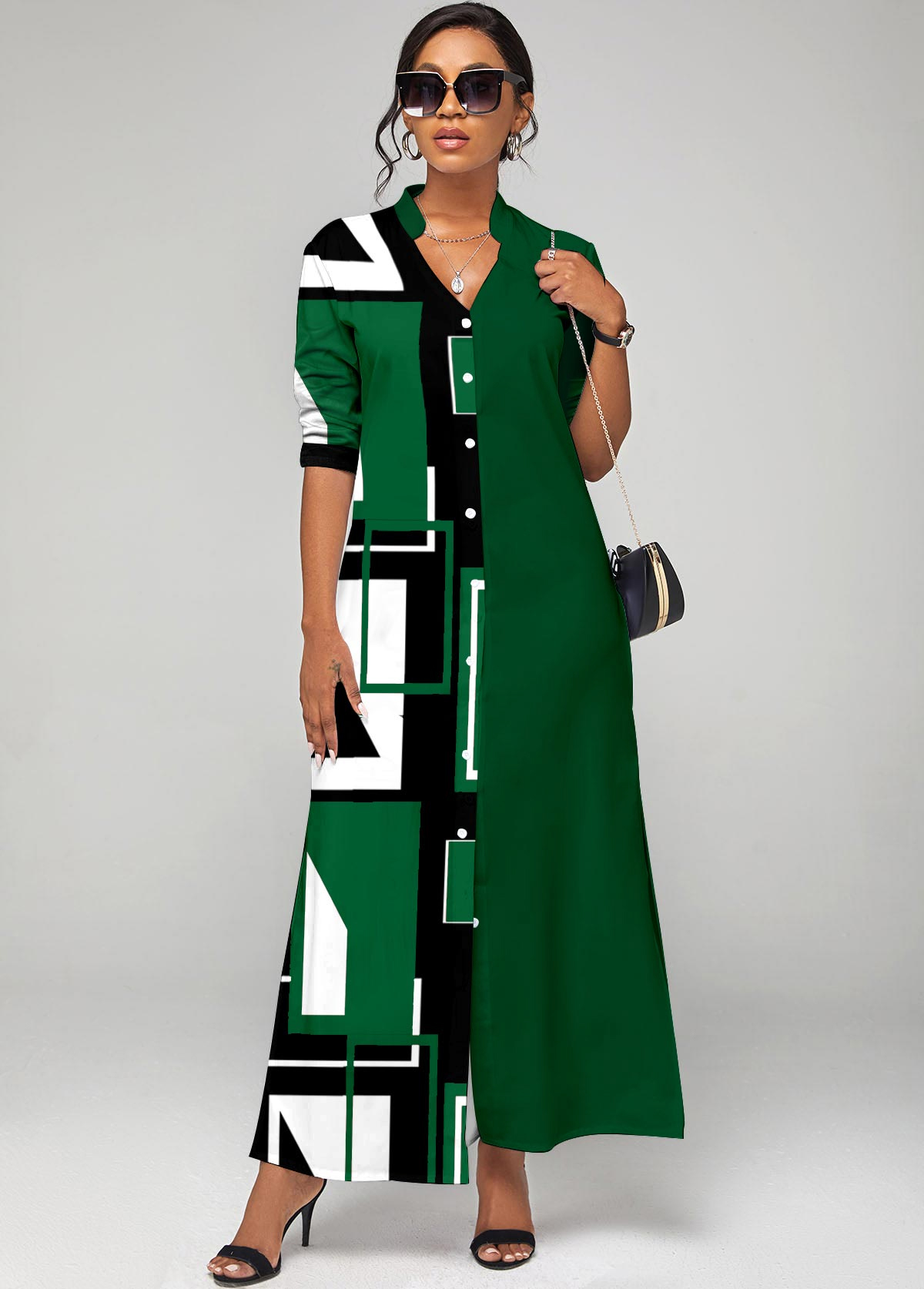 Geometric Print Button Up Green Split Neck Dress USD 17.98