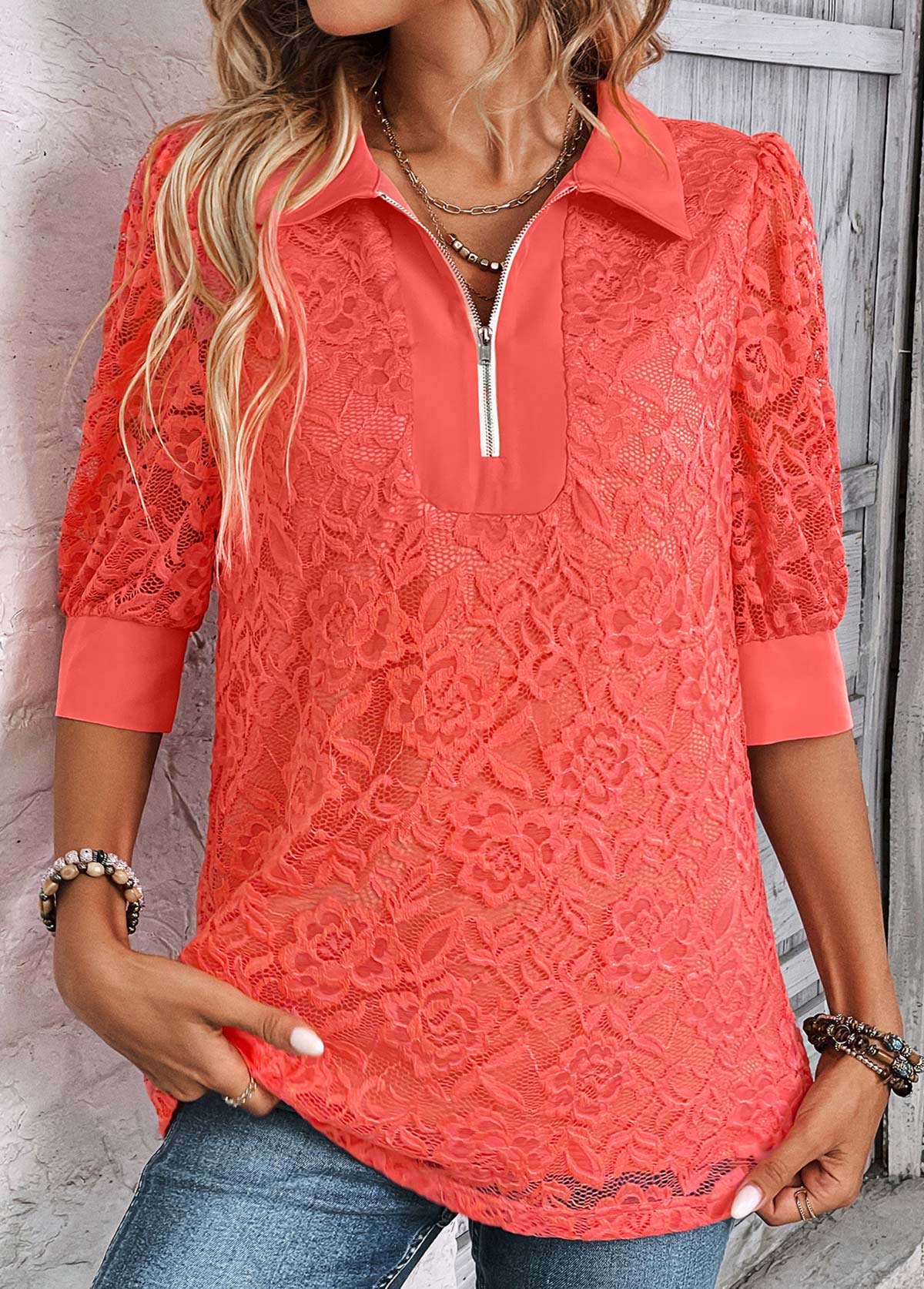 Half Sleeve Zipper Coral Shirt Collar Blouse