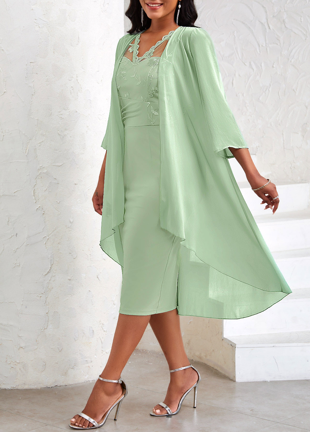Embroidery Two Piece Suit Light Green Dress and Cardigan