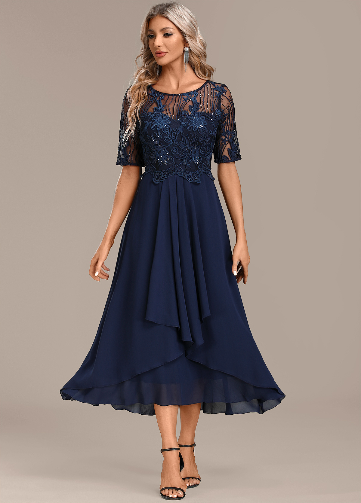 Short Sleeve Lace Navy Round Neck Dress | Rosewe.com - USD $52.98