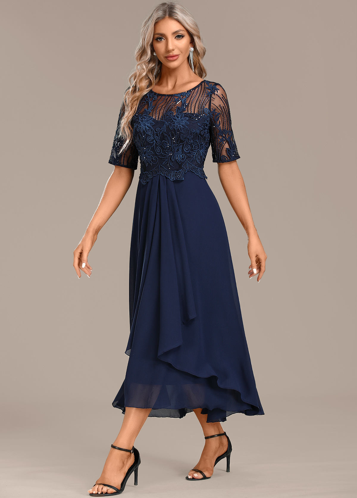 Short Sleeve Lace Navy Round Neck Dress | Rosewe.com - USD $51.98