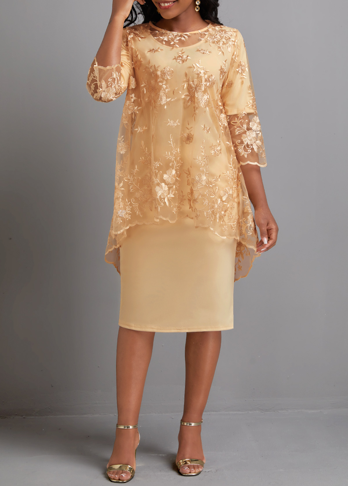 Round Neck Two Piece Light Camel Dress and Cover Up