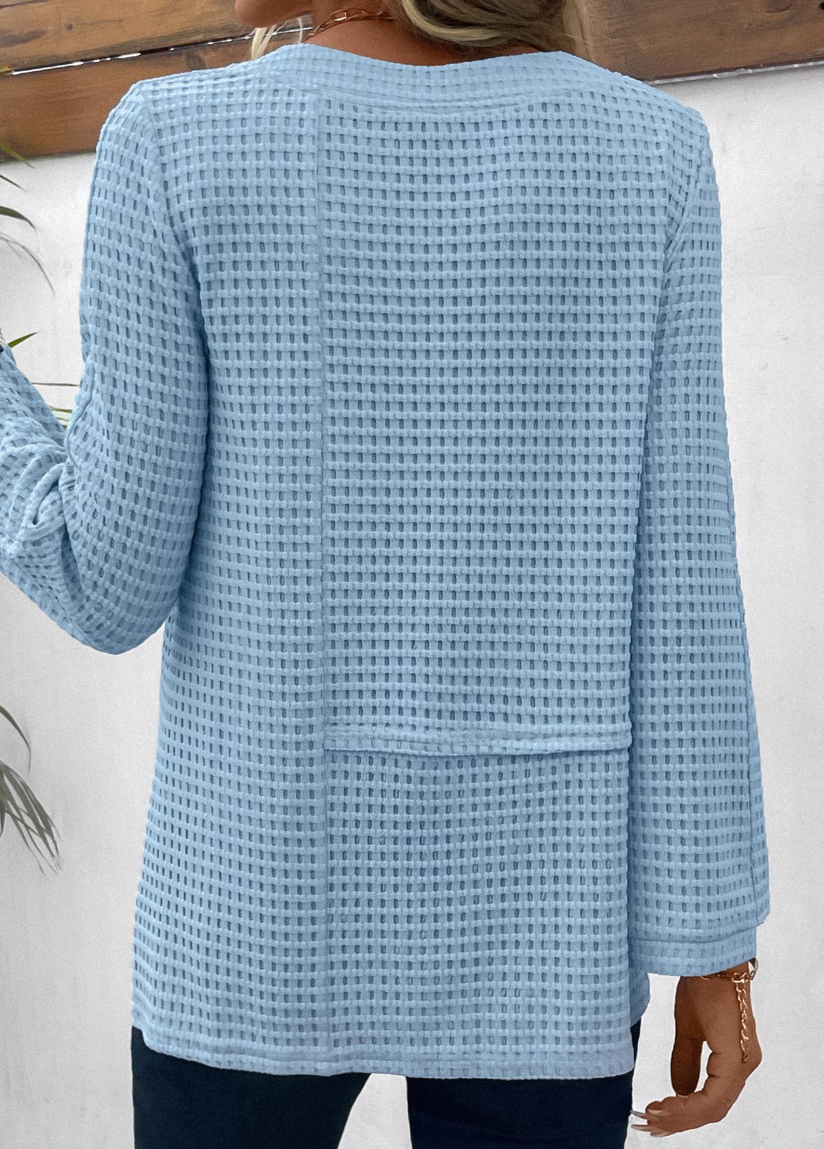 Button Light Blue Long Sleeve Round Neck T Shirt