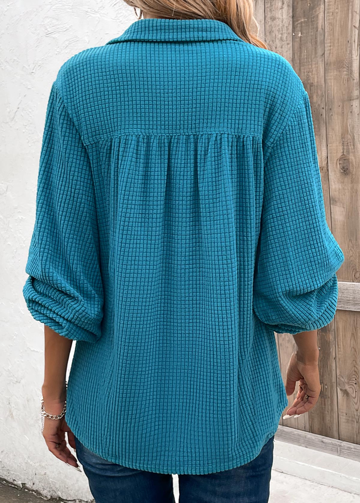 Ruched Peacock Blue Long Sleeve Shirt Collar Blouse